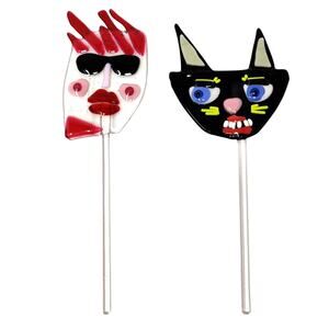 2x Signed Glass Art Sculptures Planter Garden Stakes Cat Dude Quirky Fun Unique